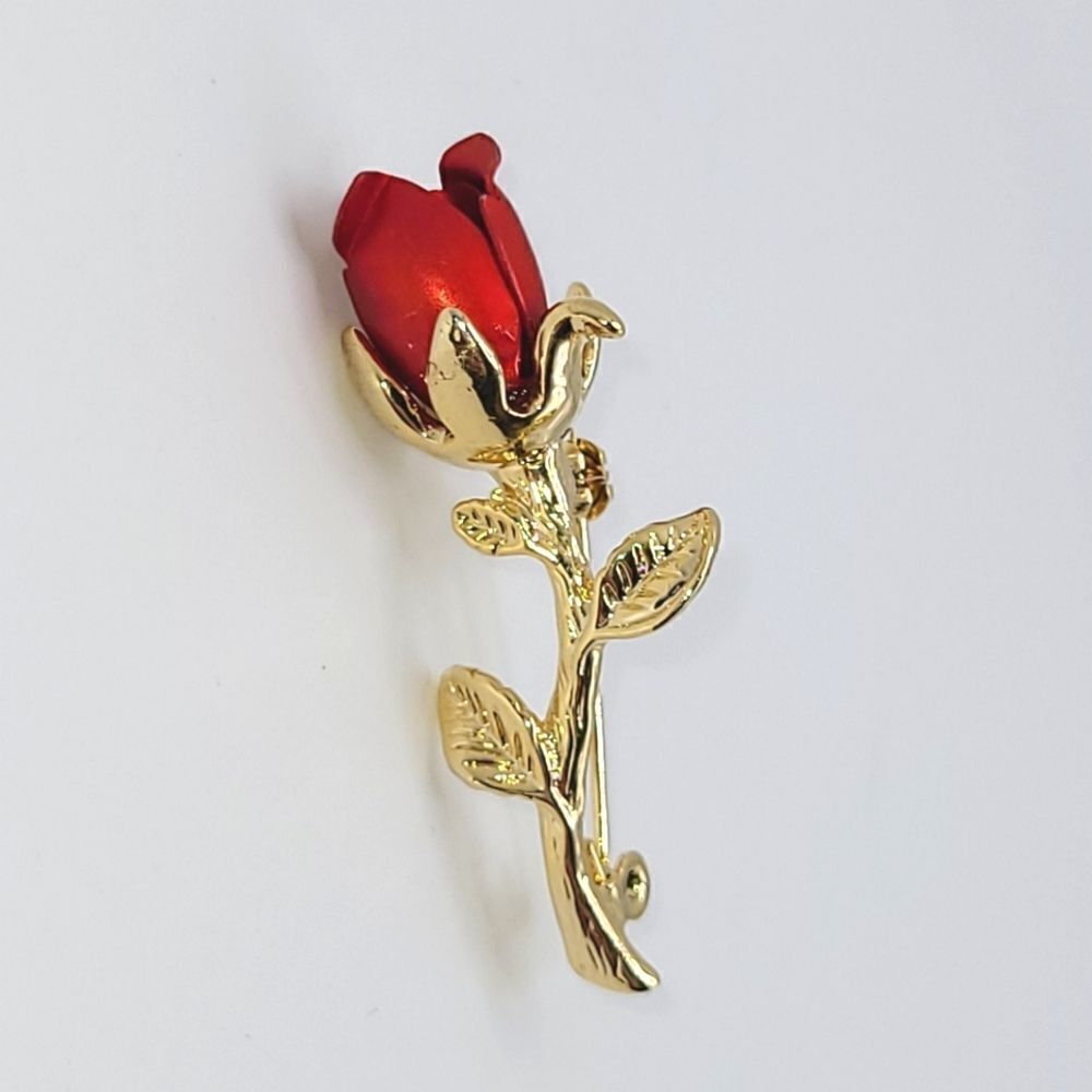 Vintage Rose Brooch Pin, Red And Gold Tone - image 1